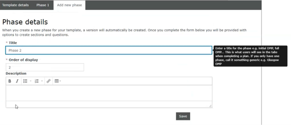 The Add new phase tab of the template editor, showing the Phase details form with Title, Order of display and Description fields