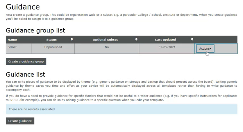 The Guidance admin page, with the Guidance group list above and the Create guidance button at the bottom of the Guidance list