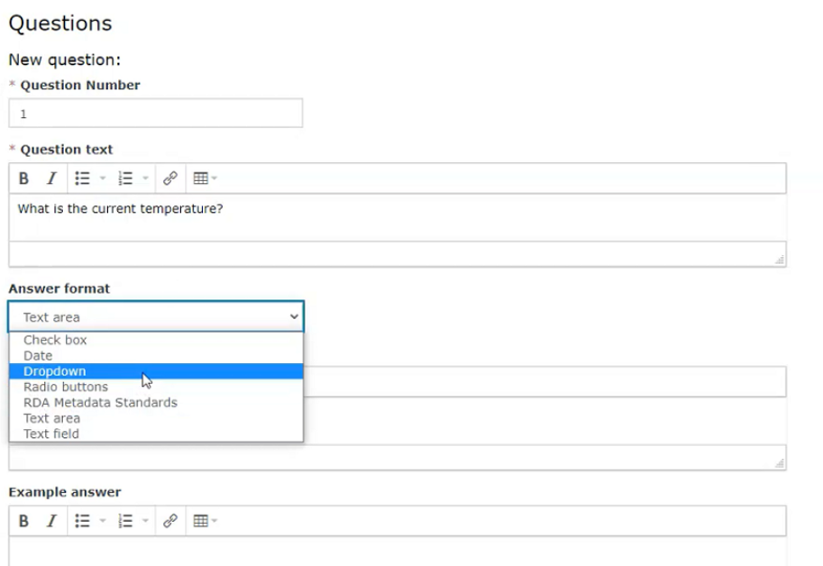 The New question form, with the Answer format drop-down open on Check box, Date, Dropdown, Radio buttons, RDA Metadata Standards, Text area and Text field
