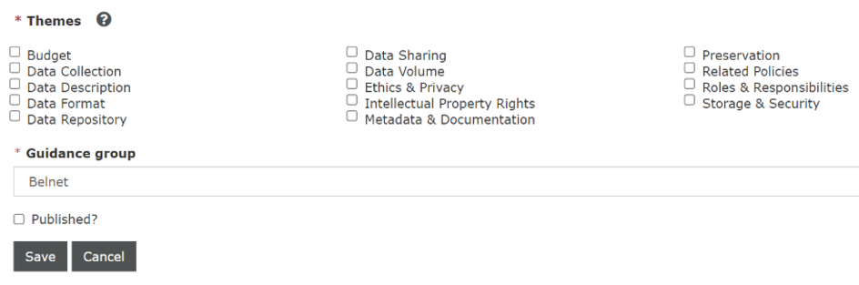 The Themes checkboxes when creating guidance, ranging from Budget to Storage & Security, followed by the Guidance group field and the Published? checkbox